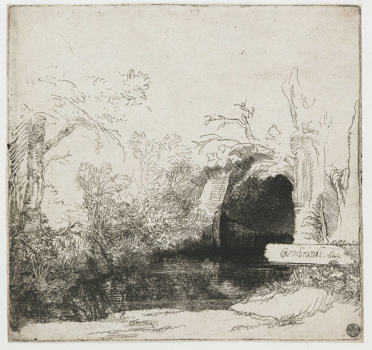 Potok z grotą i łódką („Het spelonkje”) Potok z grotą i łódką autorstwa Rembrandt van Rijn