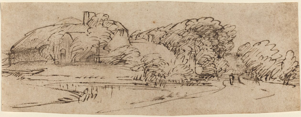 Krajobraz z budynkami gospodarczymi wśród drzew autorstwa Rembrandt van Rijn