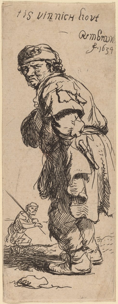 Chłop wołający: „tis vinnich kout” (jest przenikliwe zimno) autorstwa Rembrandt van Rijn