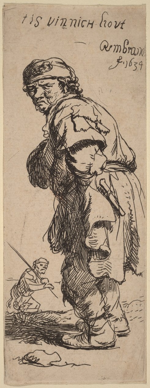 Chłop wołający: „tis vinnich kout” (Jest przenikliwie zimno) autorstwa Rembrandt van Rijn