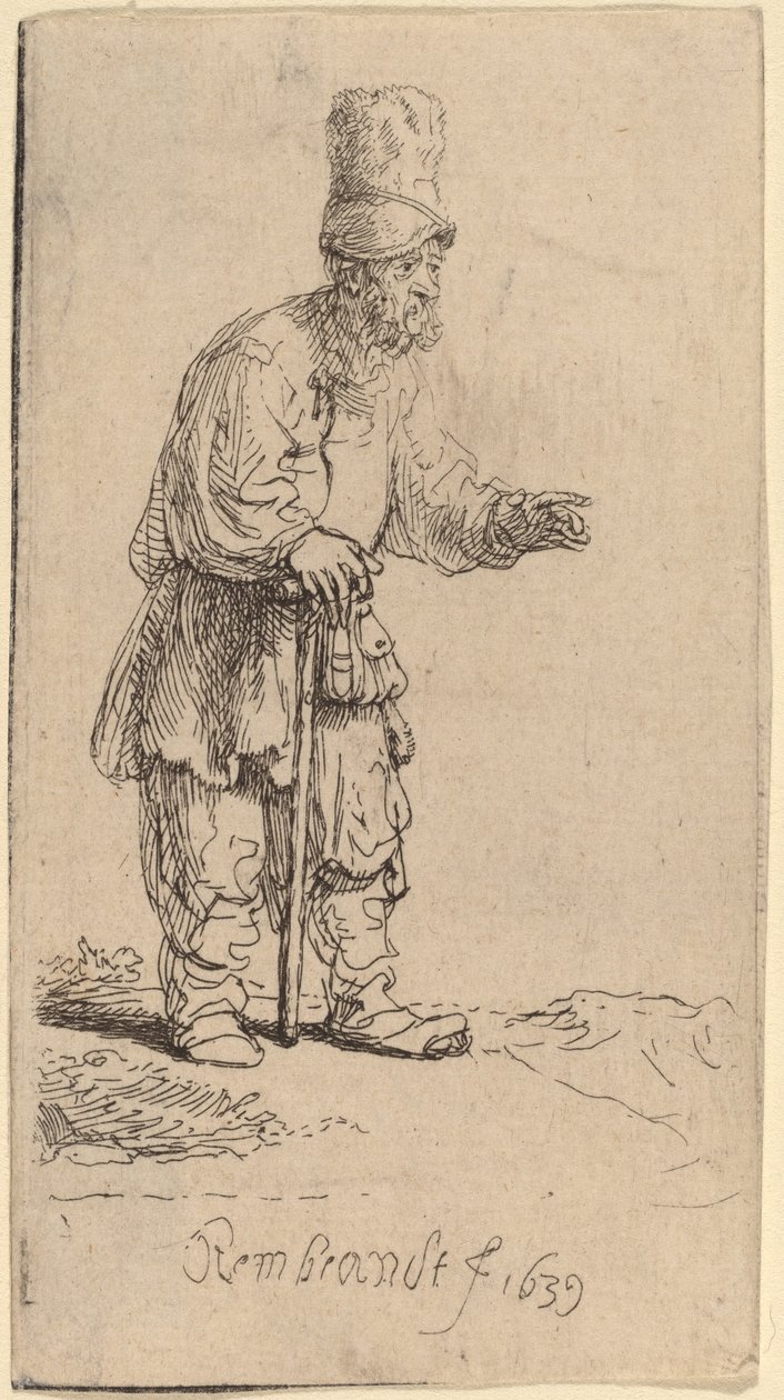 Chłop w wysokiej czapce, stojąc oparty o patyk autorstwa Rembrandt van Rijn