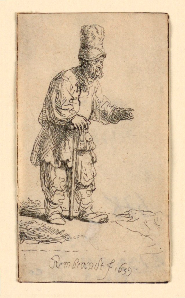 Chłop w wysokiej czapce, stojąc oparty o patyk autorstwa Rembrandt van Rijn