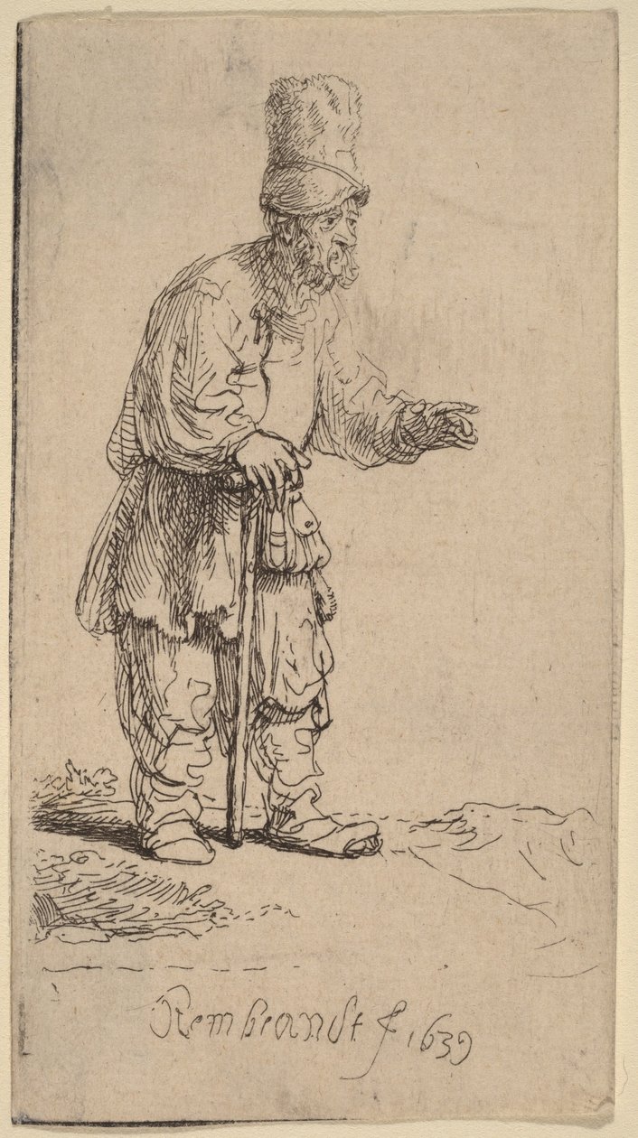 Chłop w wysokiej czapce, stojący i opierający się na lasce autorstwa Rembrandt van Rijn