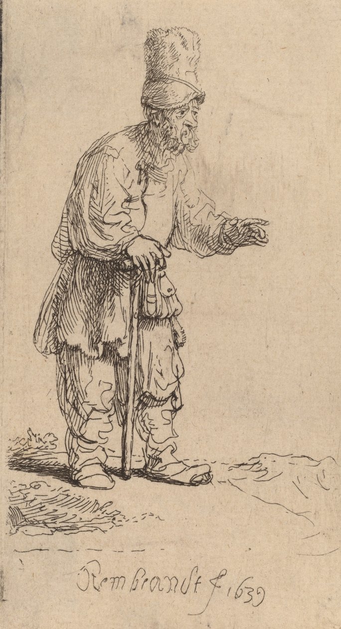 Chłop w wysokiej czapce stojący oparty na kiju, 1639. autorstwa Rembrandt van Rijn