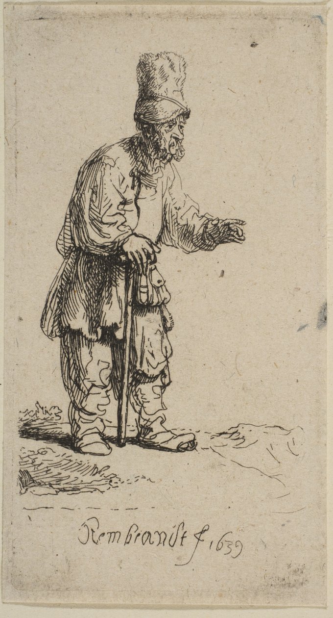 Chłop w wysokiej czapce stojący oparty o patyk, 1639. autorstwa Rembrandt van Rijn