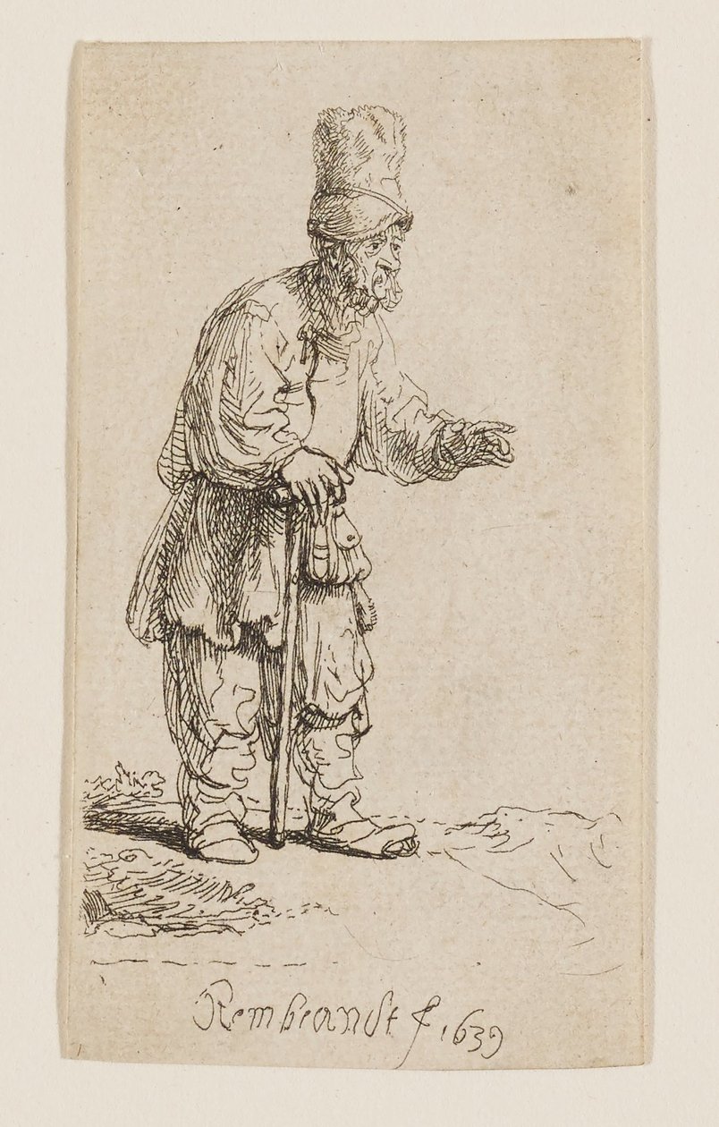 Chłop w wysokiej czapce, stojący i oparty na kiju autorstwa Rembrandt van Rijn