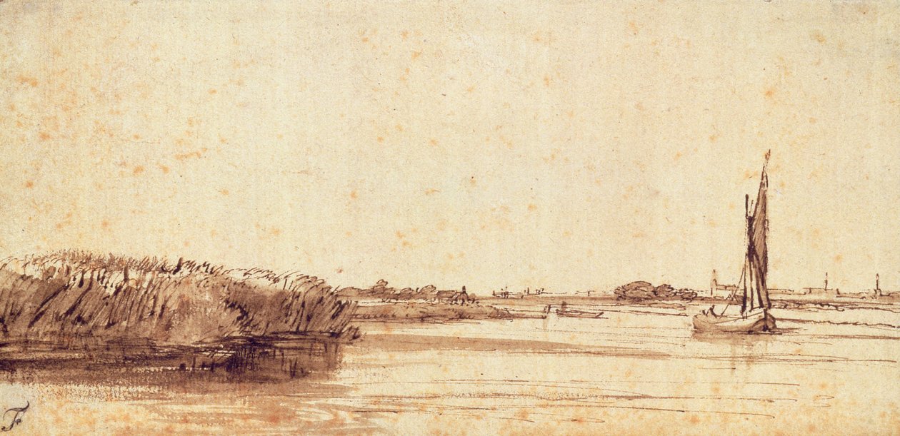 Rzeka z żaglówką na Nieuwe Meer autorstwa Rembrandt van Rijn