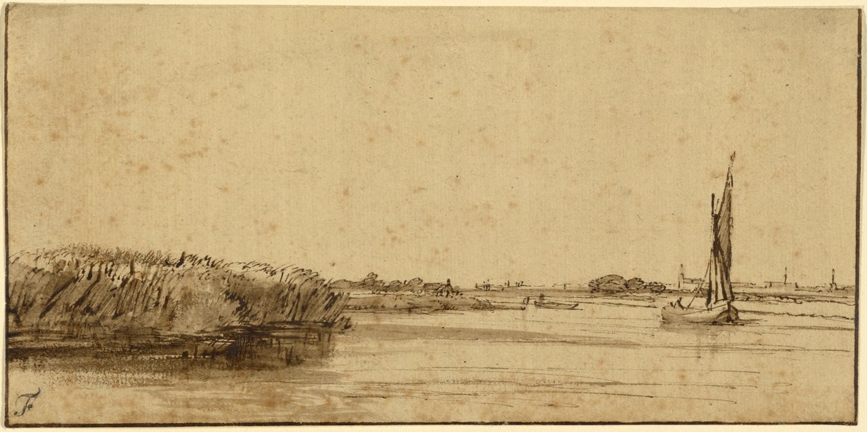 Żaglówka na szerokiej przestrzeni wody, ok. 1650 (pióro i brązowy tusz i brązowa płukanka, na barwionym papierze) autorstwa Rembrandt van Rijn