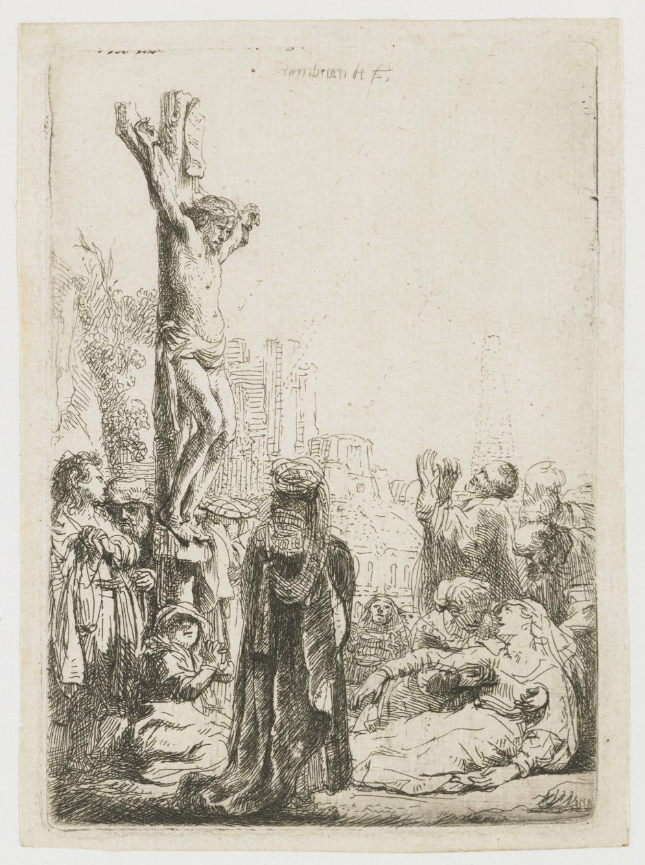 Niewidomy grajek na lirze korbowej wraz z rodziną otrzymujący jałmużnę autorstwa Rembrandt van Rijn