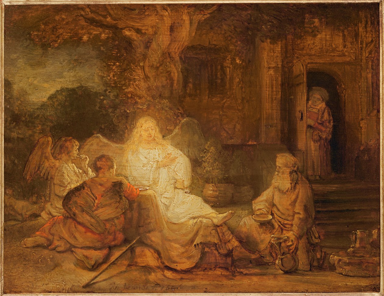 Abraham otrzymuje trzech aniołów, 1646 autorstwa Rembrandt van Rijn