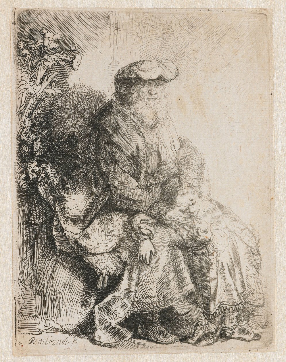 Abraham pieszczący Izaaka Jakub pieszczący Benjamina autorstwa Rembrandt van Rijn
