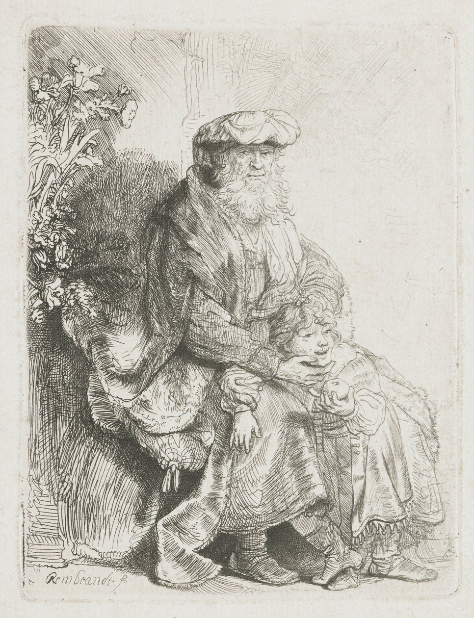 Abraham pieszczący Izaaka Jakub pieszczący Benjamina autorstwa Rembrandt van Rijn