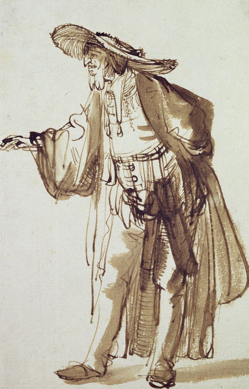 Aktor w kapeluszu z szerokim rondem (piórko i tusz na papierze) autorstwa Rembrandt van Rijn