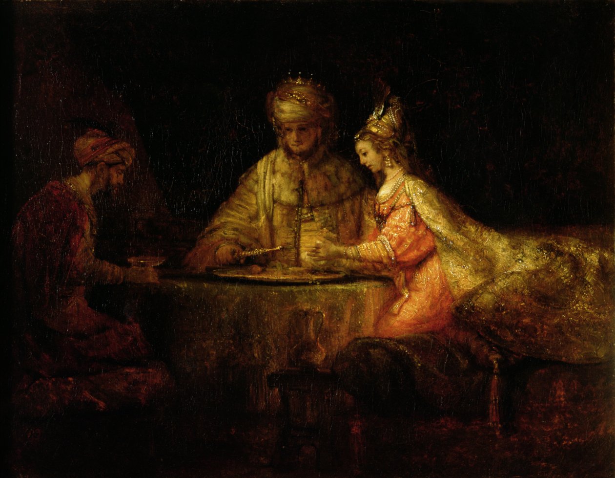 Aswerus (Kserkses), Haman i Estera, ok. 1660 autorstwa Rembrandt van Rijn