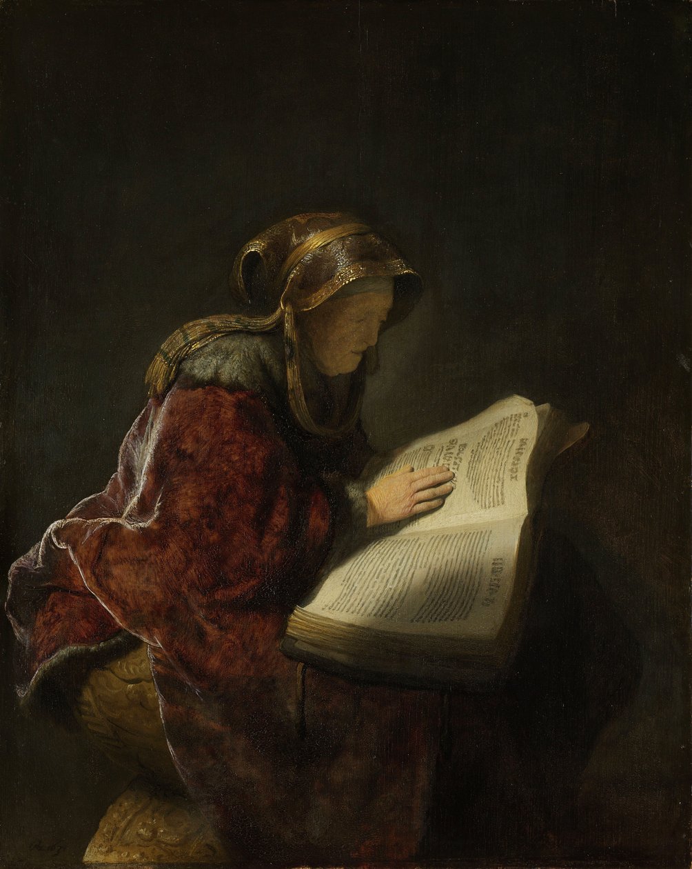 Stara kobieta czytająca, prawdopodobnie prorokini Hannah, 1631 autorstwa Rembrandt van Rijn