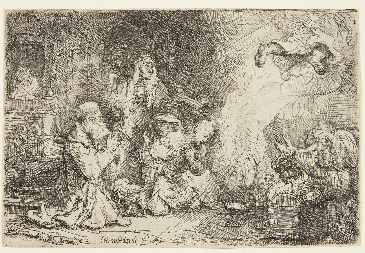 Anioł opuszczający rodzinę Tobiasza autorstwa Rembrandt van Rijn