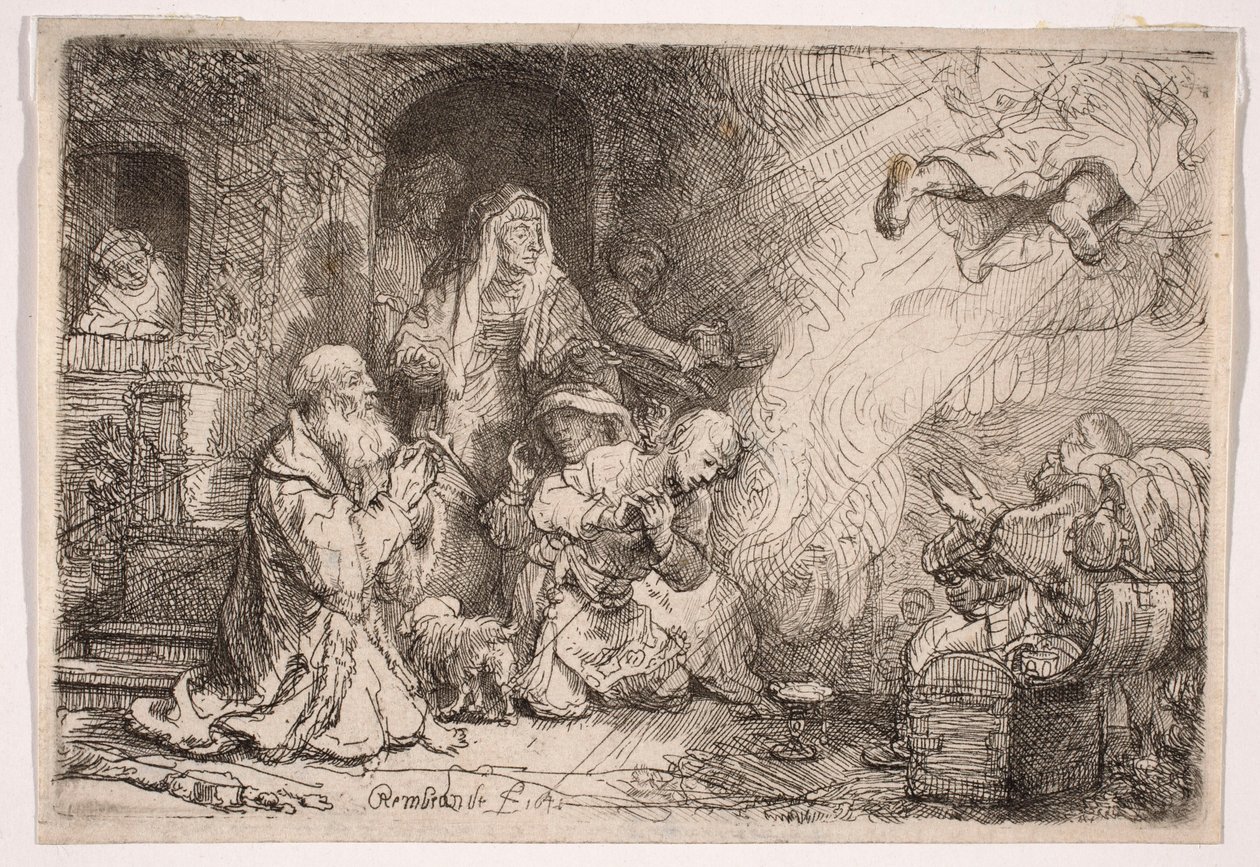Anioł opuszczający rodzinę Tobiasza autorstwa Rembrandt van Rijn