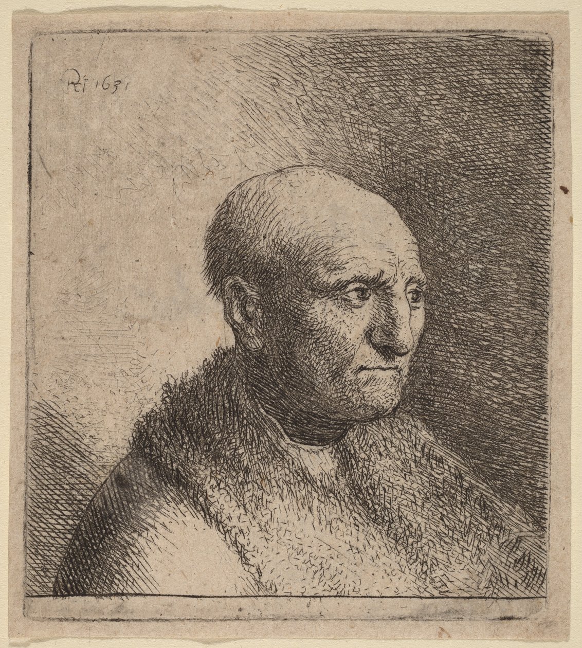 Łysy mężczyzna w futrzanym płaszczu autorstwa Rembrandt van Rijn