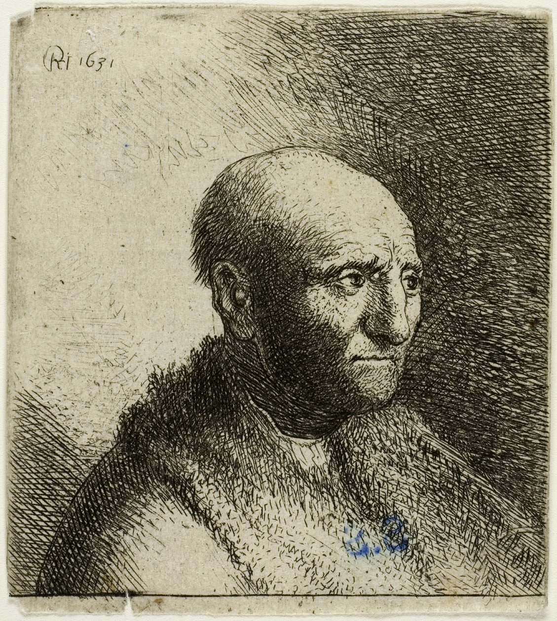 Łysy mężczyzna w futrzanym płaszczu: biust autorstwa Rembrandt van Rijn