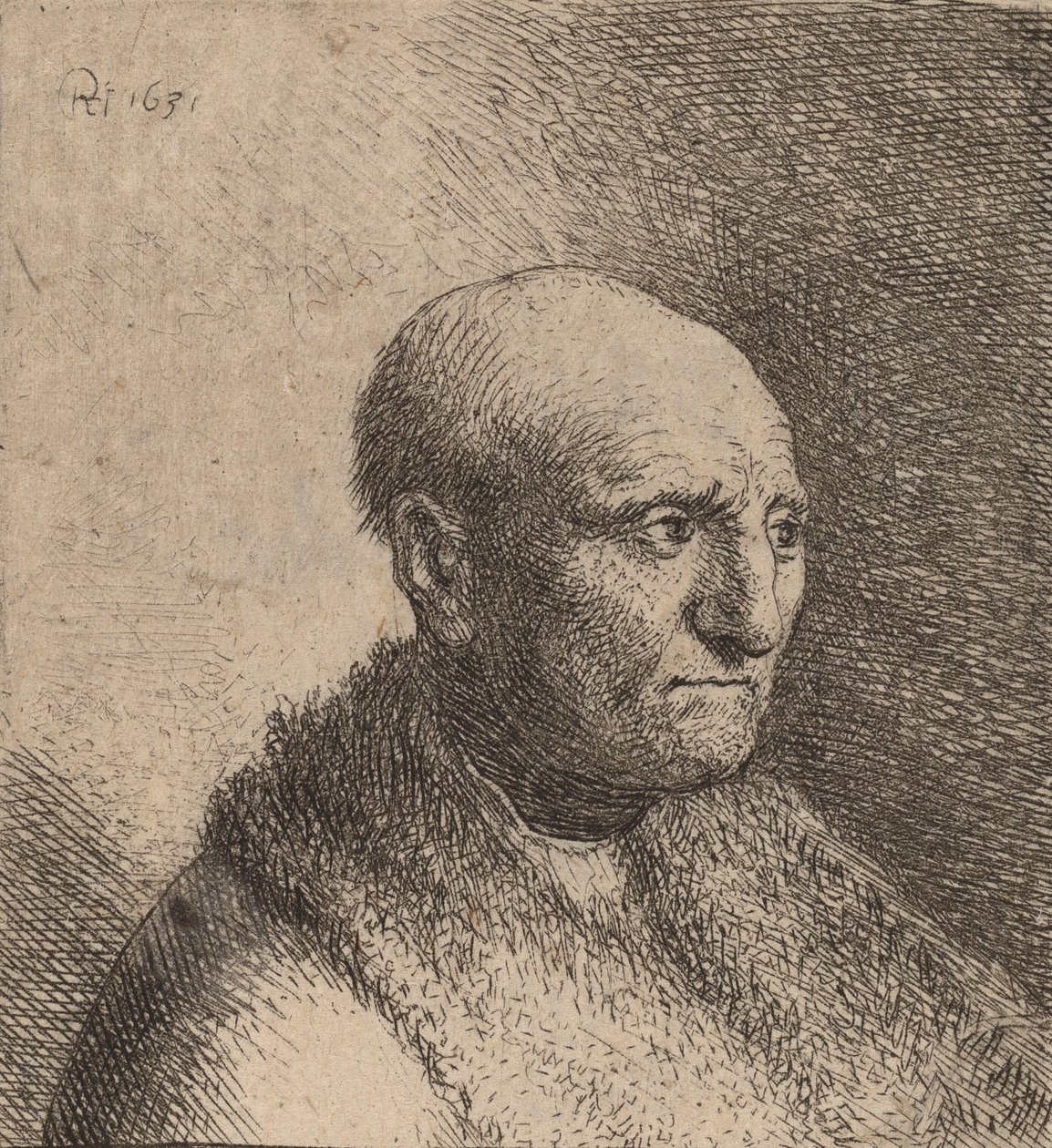 Łysy mężczyzna w futrzanym płaszczu, c. 1630. autorstwa Rembrandt van Rijn