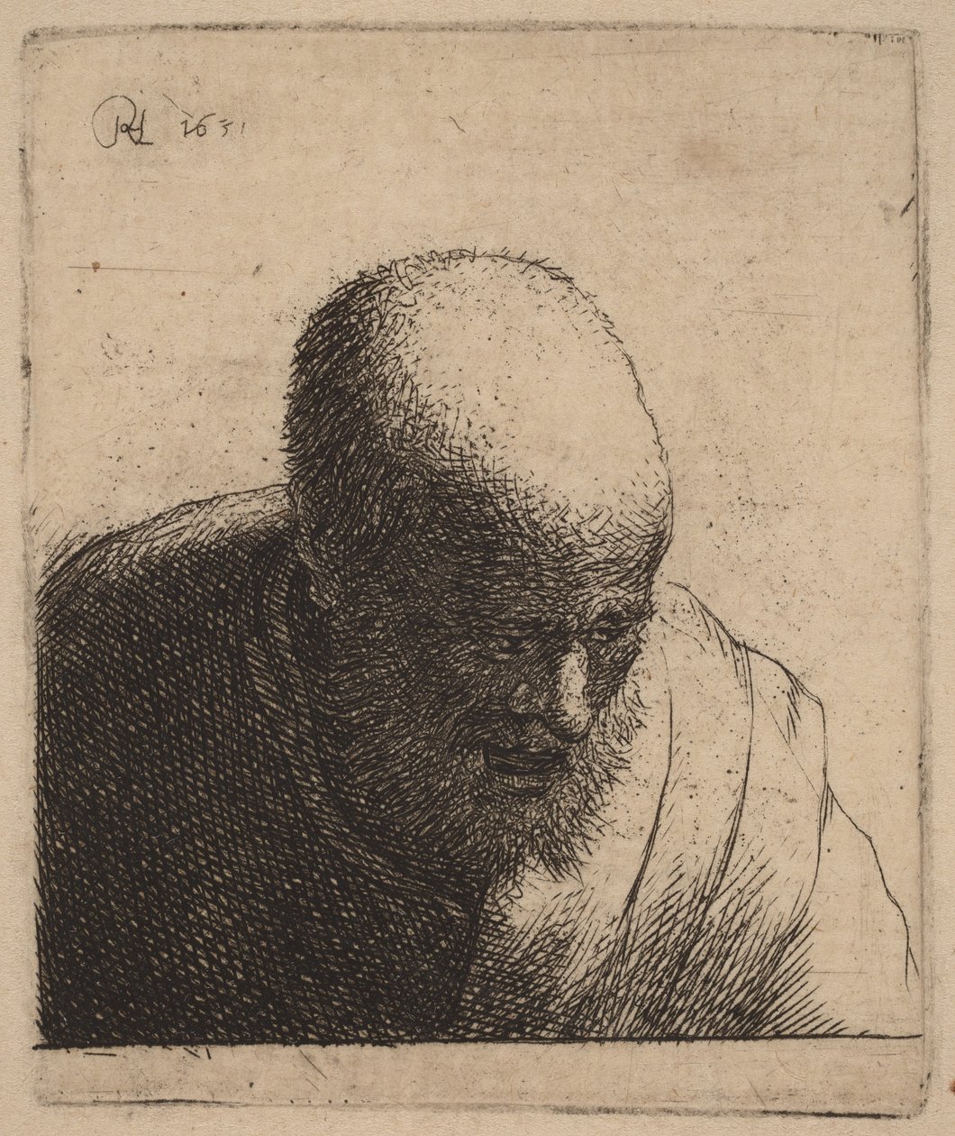 Łysy mężczyzna z otwartymi ustami, spoglądający w dół autorstwa Rembrandt van Rijn