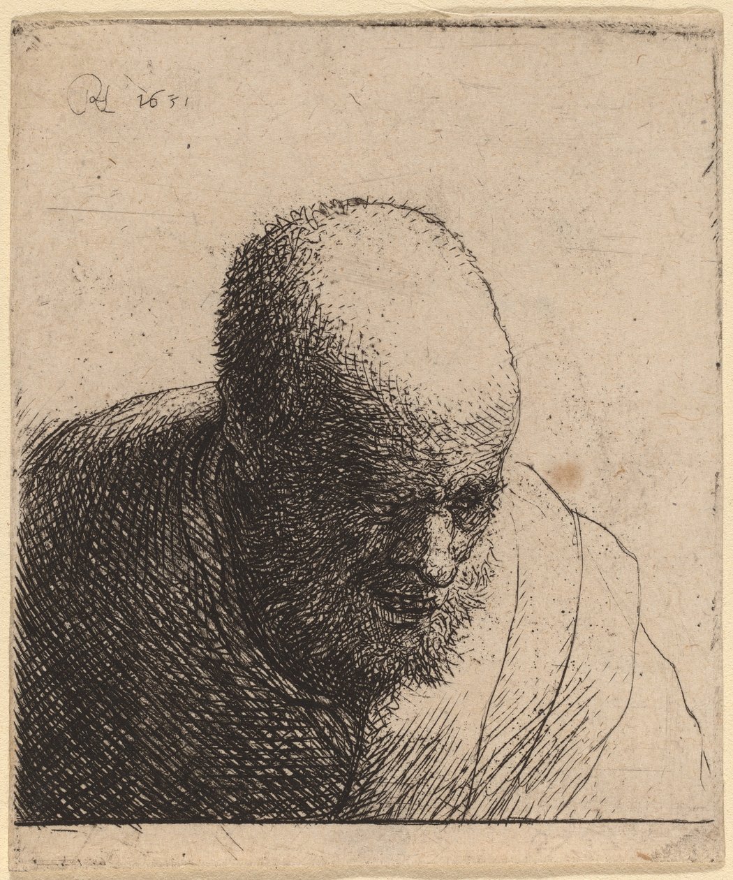 Łysy mężczyzna z otwartymi ustami, patrząc w dół, c. 1630. autorstwa Rembrandt van Rijn
