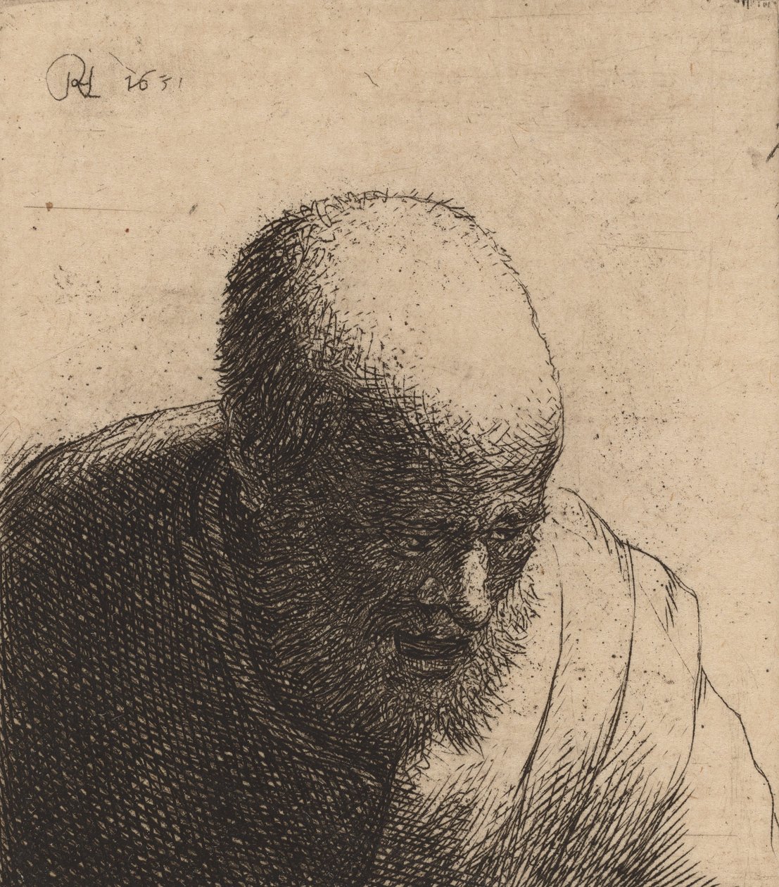 Łysy mężczyzna z otwartymi ustami, patrząc w dół, c. 1630. autorstwa Rembrandt van Rijn