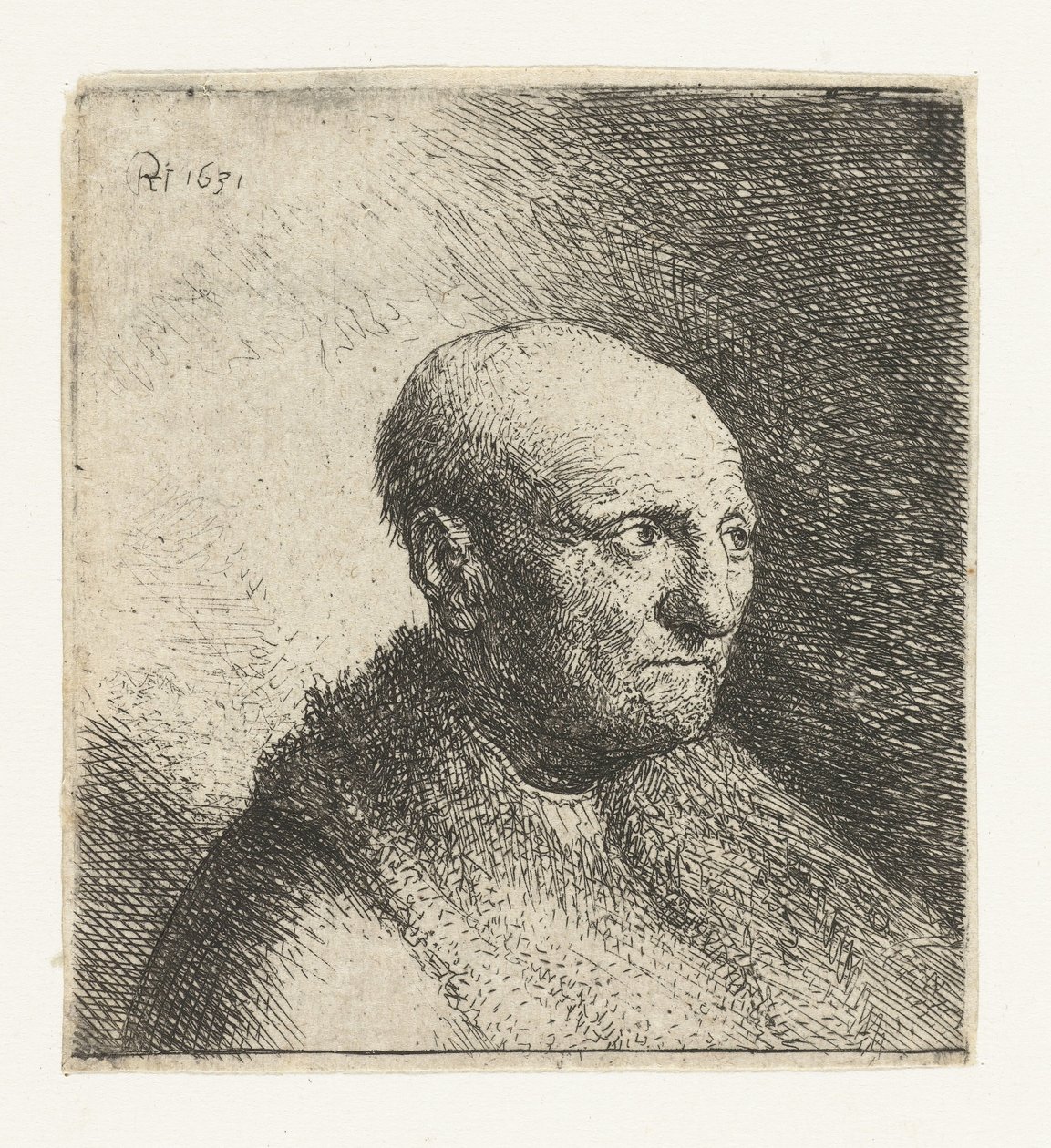 Łysy mężczyzna w futrzanym płaszczu: biust autorstwa Rembrandt van Rijn