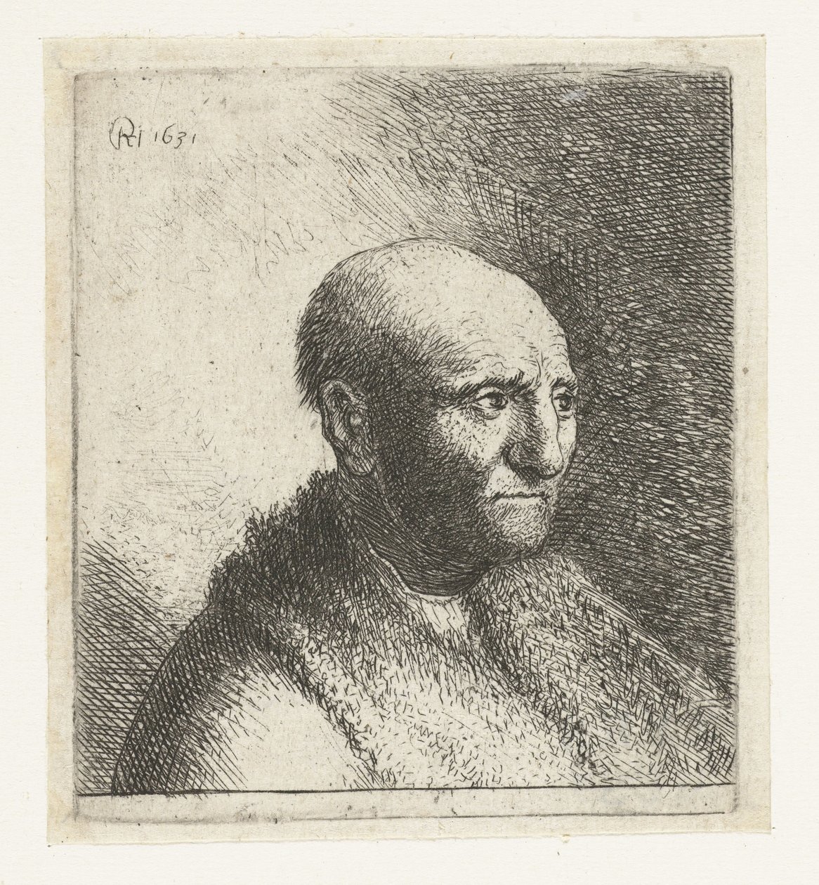 Łysy mężczyzna w futrzanym płaszczu: biust autorstwa Rembrandt van Rijn