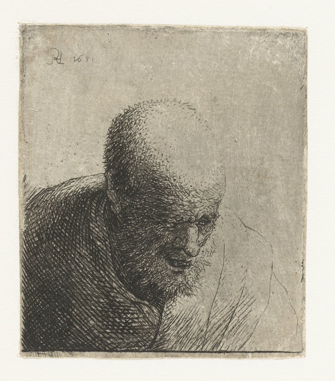 Łysy mężczyzna z otwartymi ustami, patrząc w dół: biust autorstwa Rembrandt van Rijn
