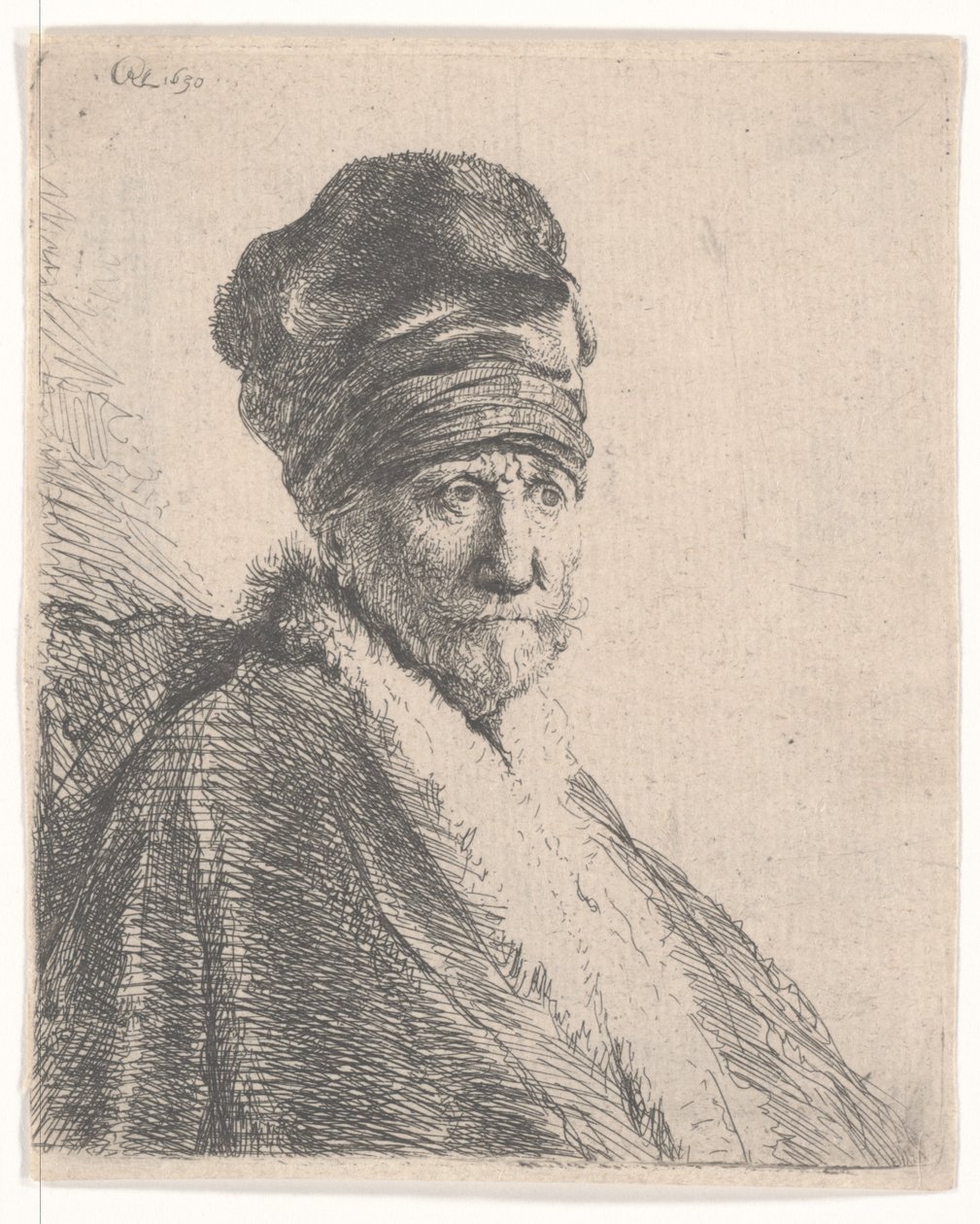 Brodaty mężczyzna w futrzanej orientalnej czapce i szacie, noszący wysoką czapkę, 1630 autorstwa Rembrandt van Rijn
