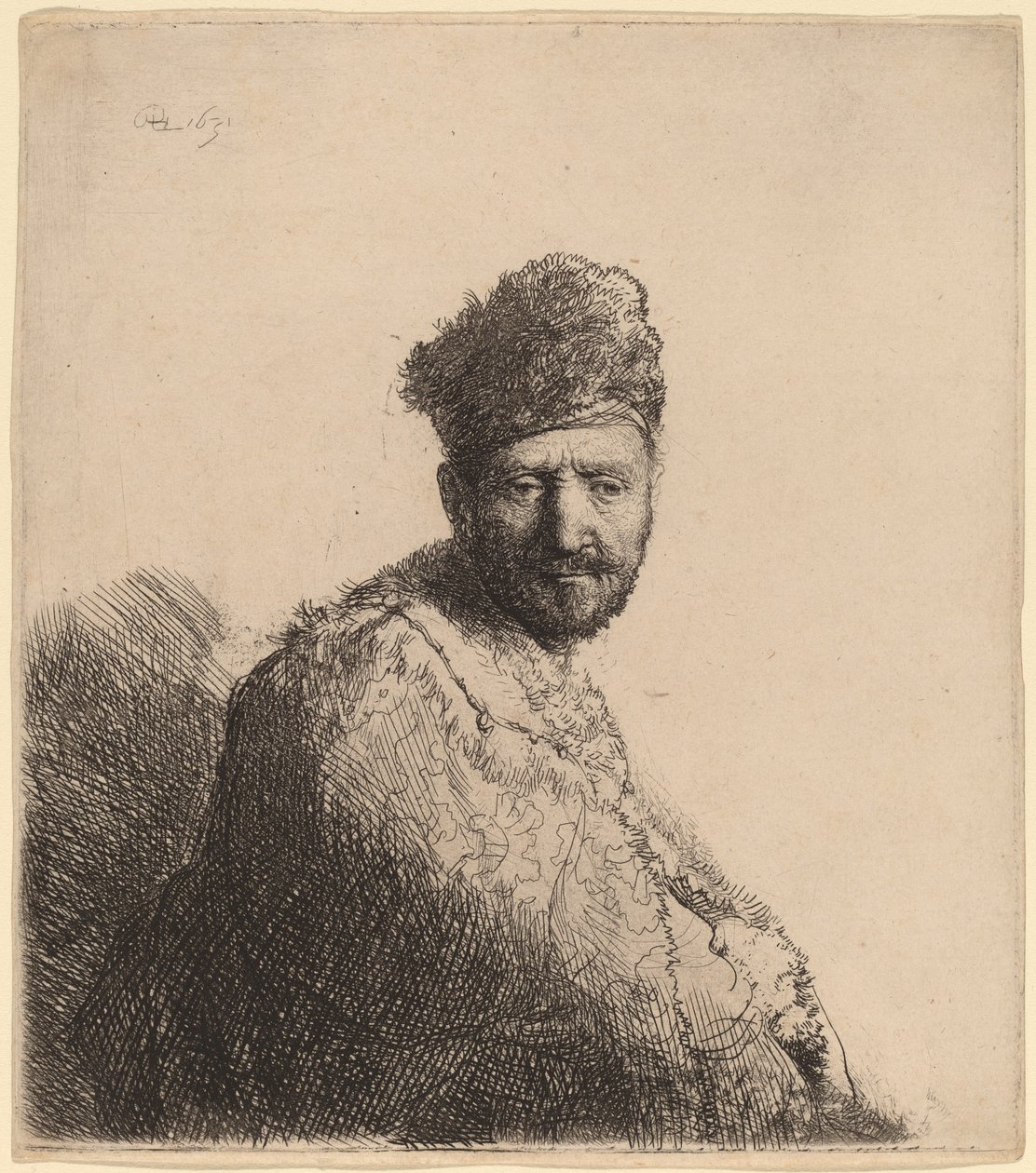 Brodaty mężczyzna w futrzanej orientalnej czapce i szacie: ojciec artysty autorstwa Rembrandt van Rijn