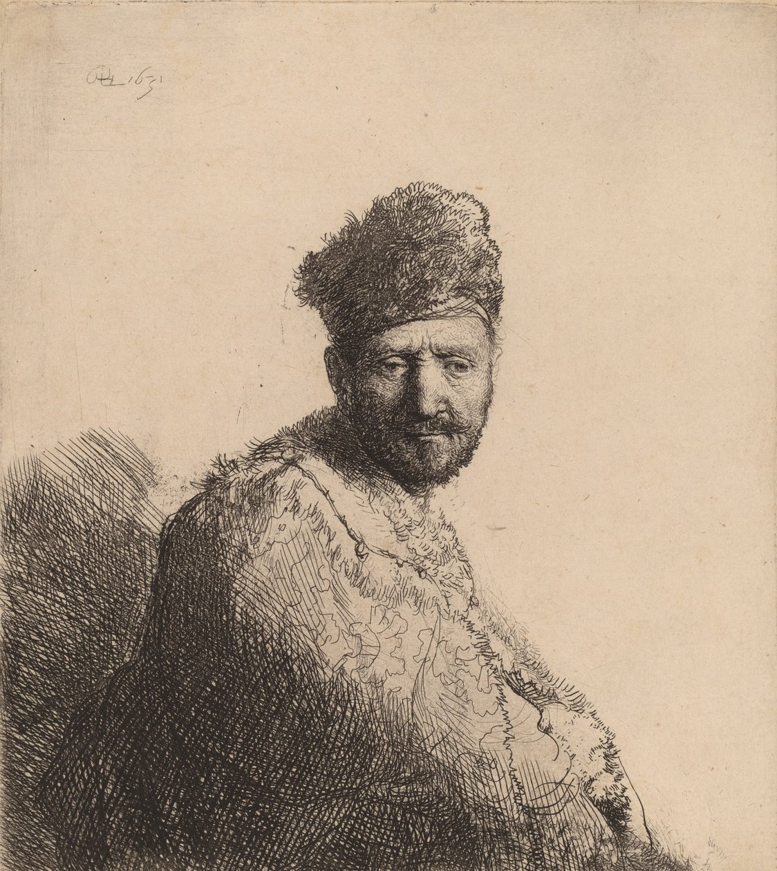 Brodaty mężczyzna w futrzanej orientalnej czapce i szacie: ojciec artysty, 1631. autorstwa Rembrandt van Rijn