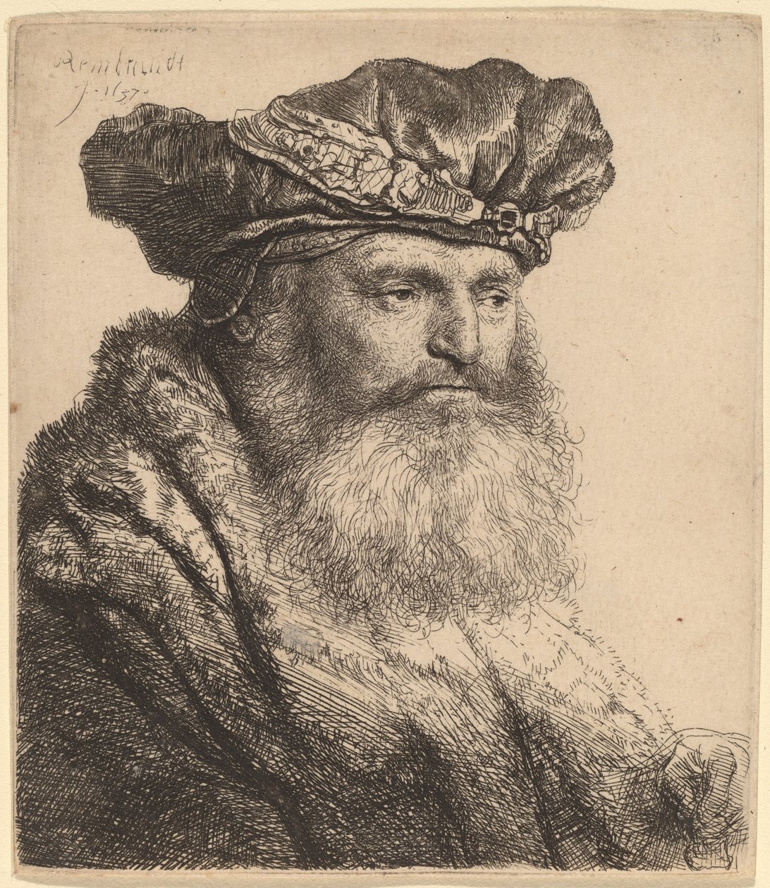 Brodaty mężczyzna w aksamitnej czapce z klejnotowym zapięciem autorstwa Rembrandt van Rijn