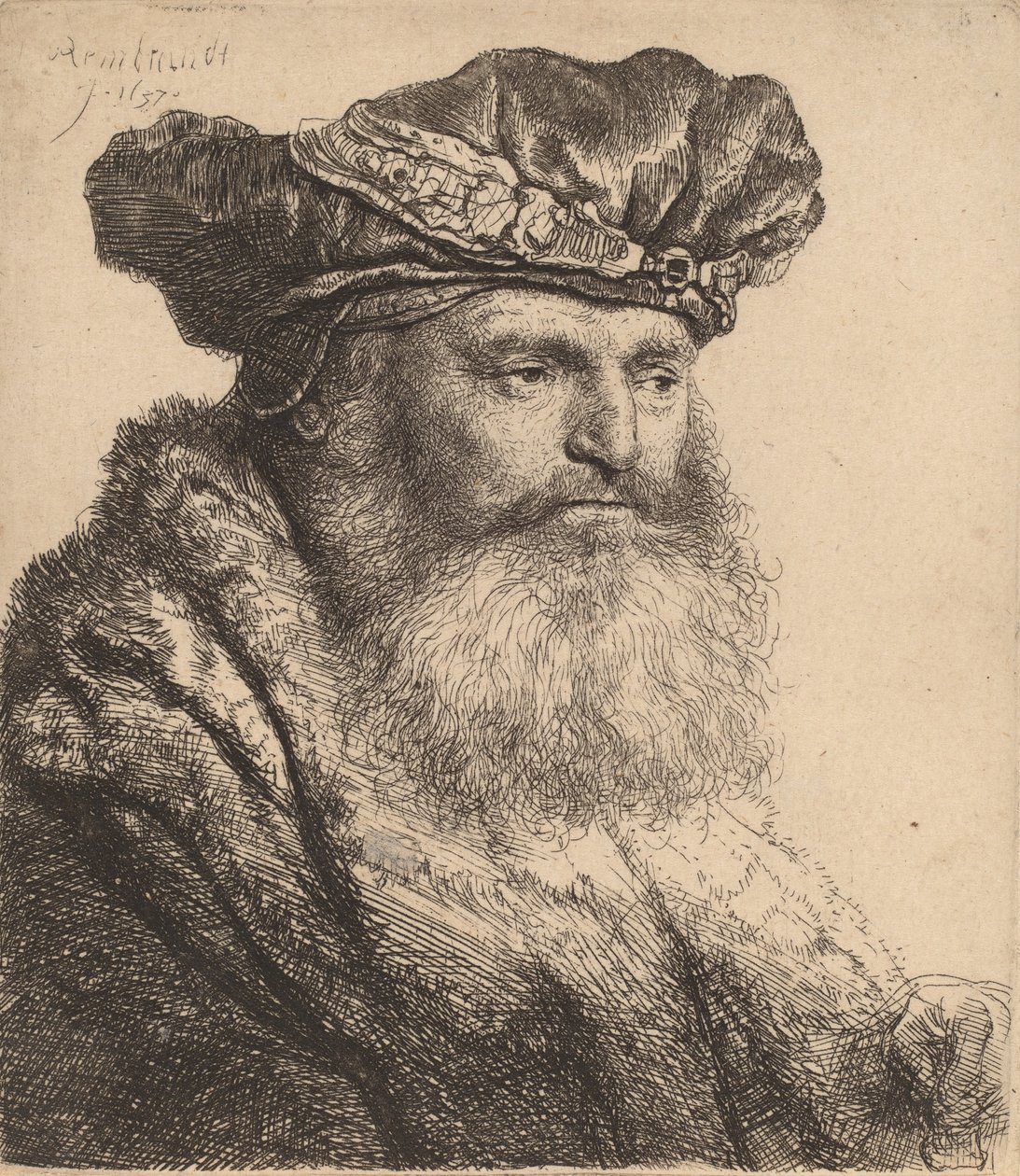 Brodaty mężczyzna w aksamitnej czapce z zapięciem na klejnoty, 1637 autorstwa Rembrandt van Rijn