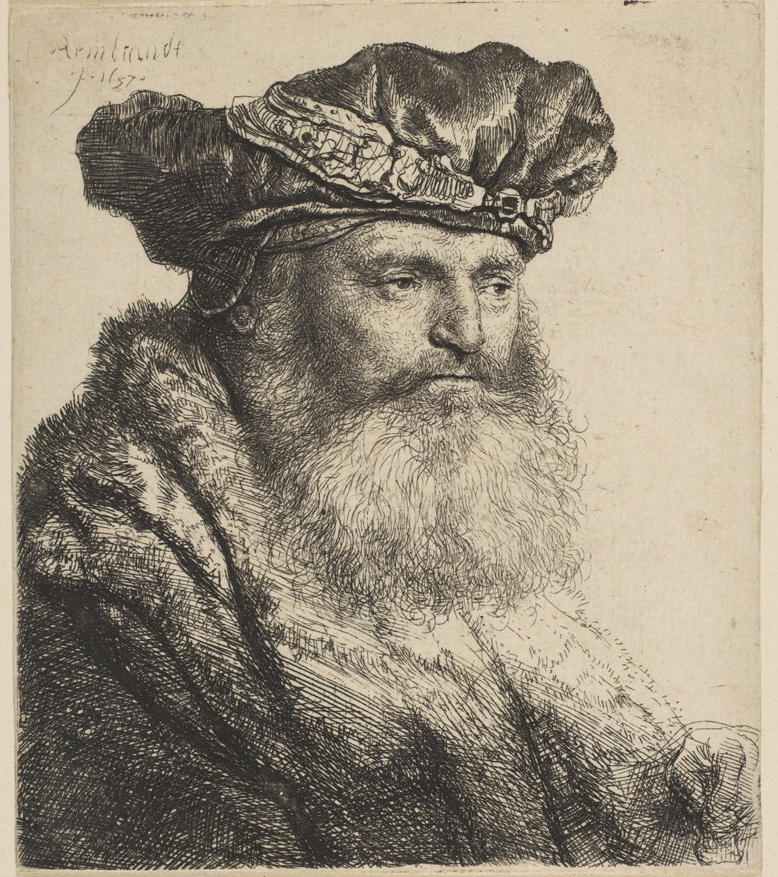 Brodaty mężczyzna w aksamitnej czapce z klejnotowym zapięciem, 1637. autorstwa Rembrandt van Rijn