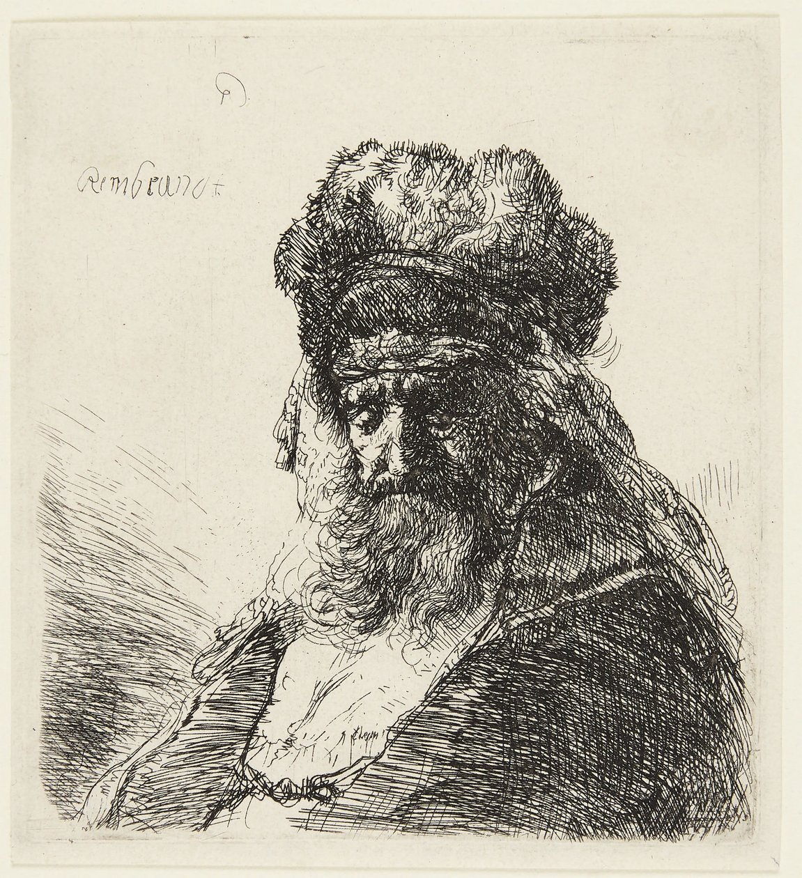 Brodaty starzec w wysokiej futrzanej czapce, z zamkniętymi oczami autorstwa Rembrandt van Rijn