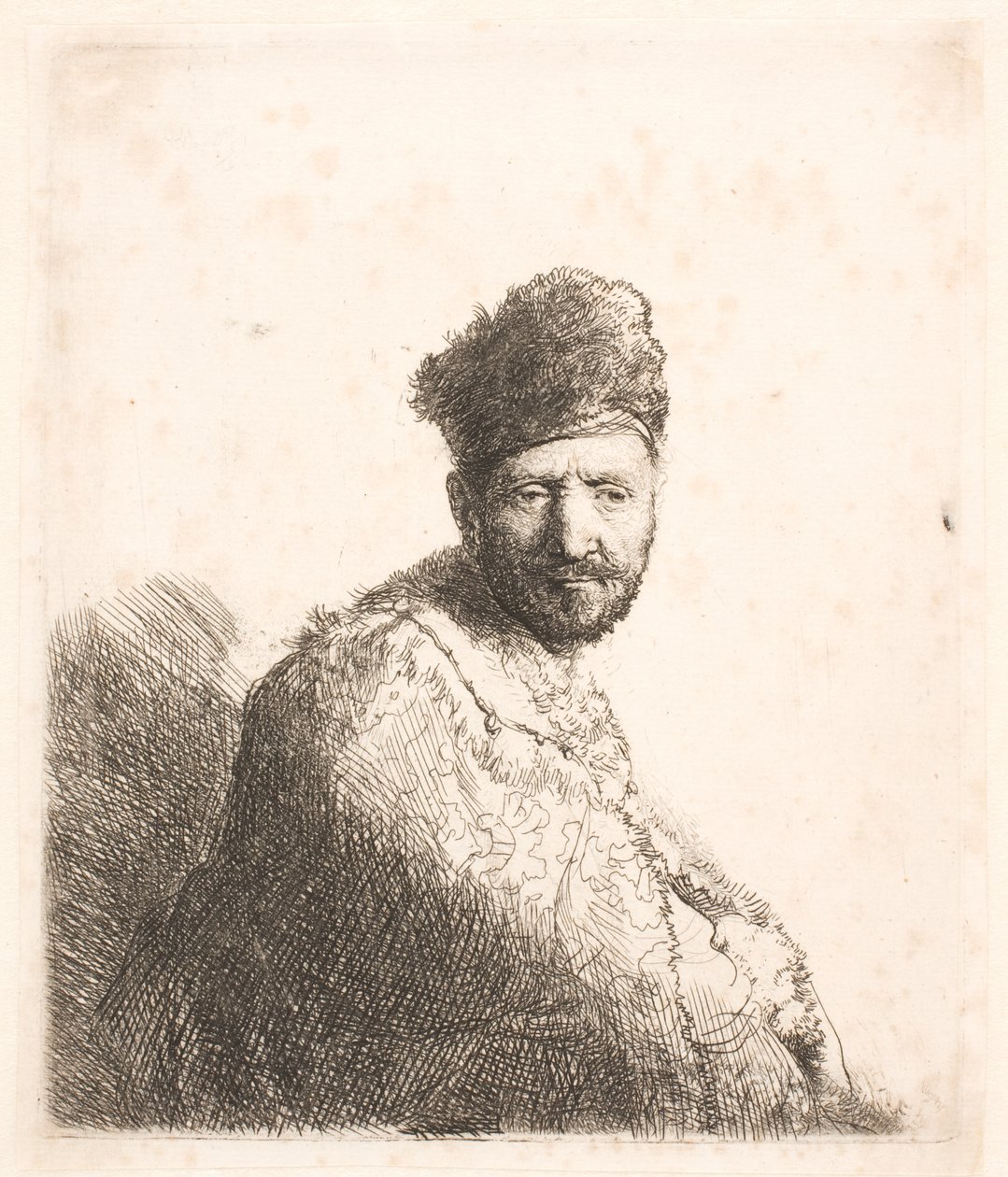 Brodaty mężczyzna (ojciec Rembrandta) w futrzanej orientalnej czapce i szacie: portret do połowy postaci autorstwa Rembrandt van Rijn