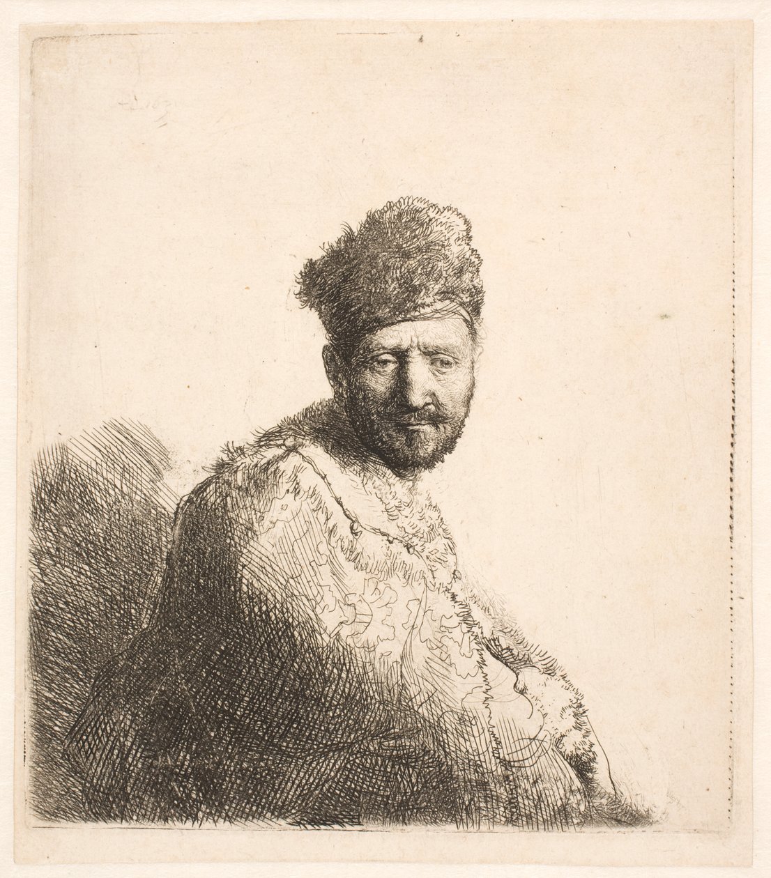 Brodaty mężczyzna (ojciec Rembrandta) w futrzanej orientalnej czapce i szacie: portret do połowy postaci autorstwa Rembrandt van Rijn