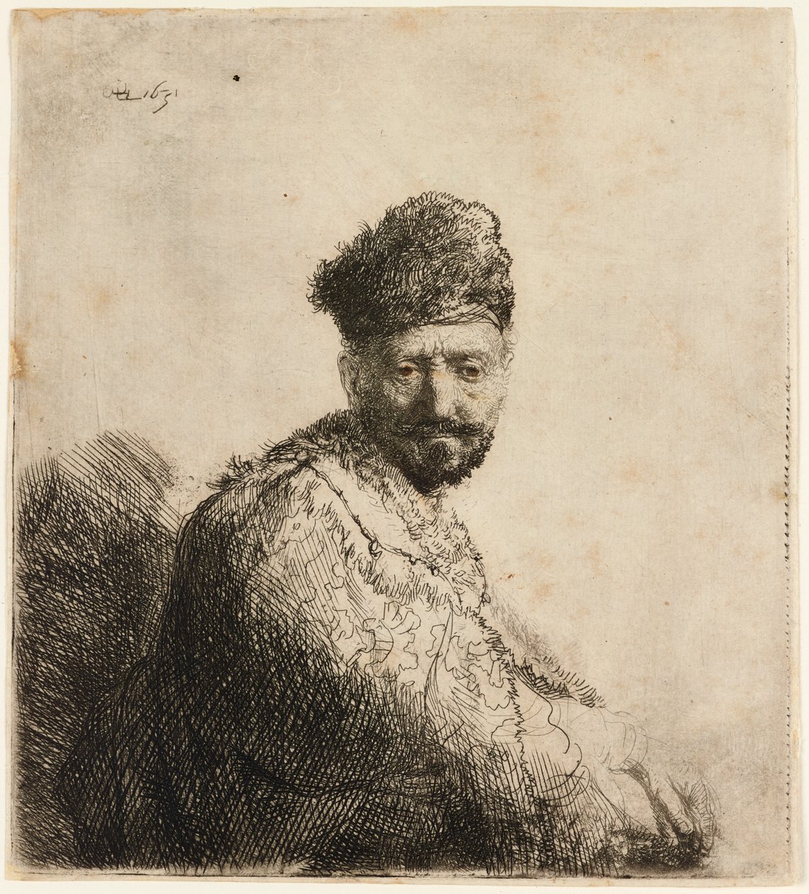 Brodaty mężczyzna w futrzanej orientalnej czapce: ojciec artysty, 1631. autorstwa Rembrandt van Rijn