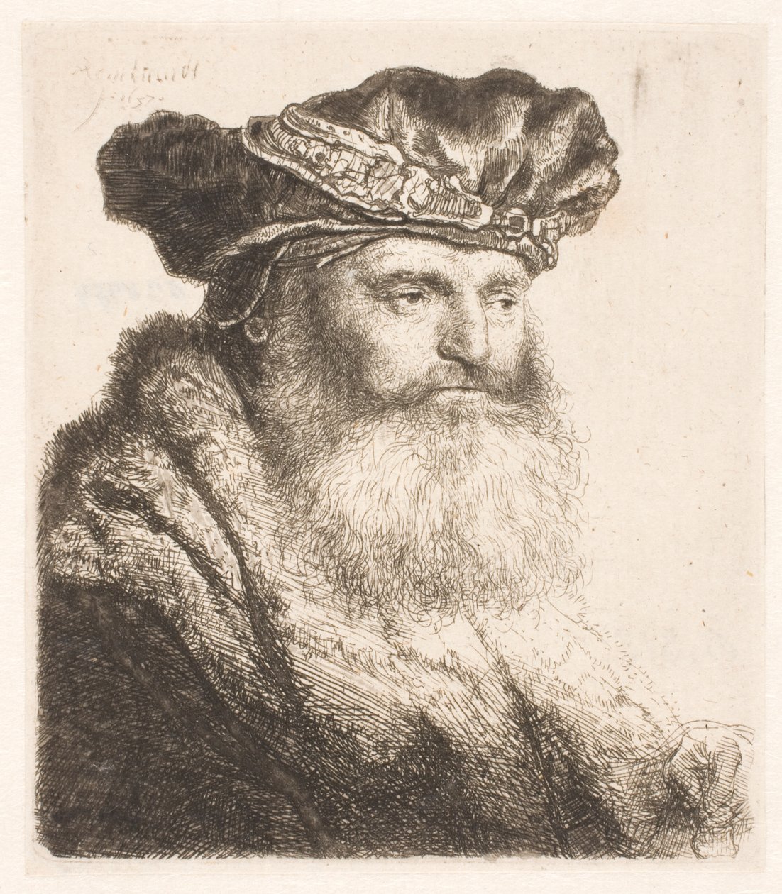 Brodaty mężczyzna w aksamitnej czapce z klejnotowym zapięciem autorstwa Rembrandt van Rijn