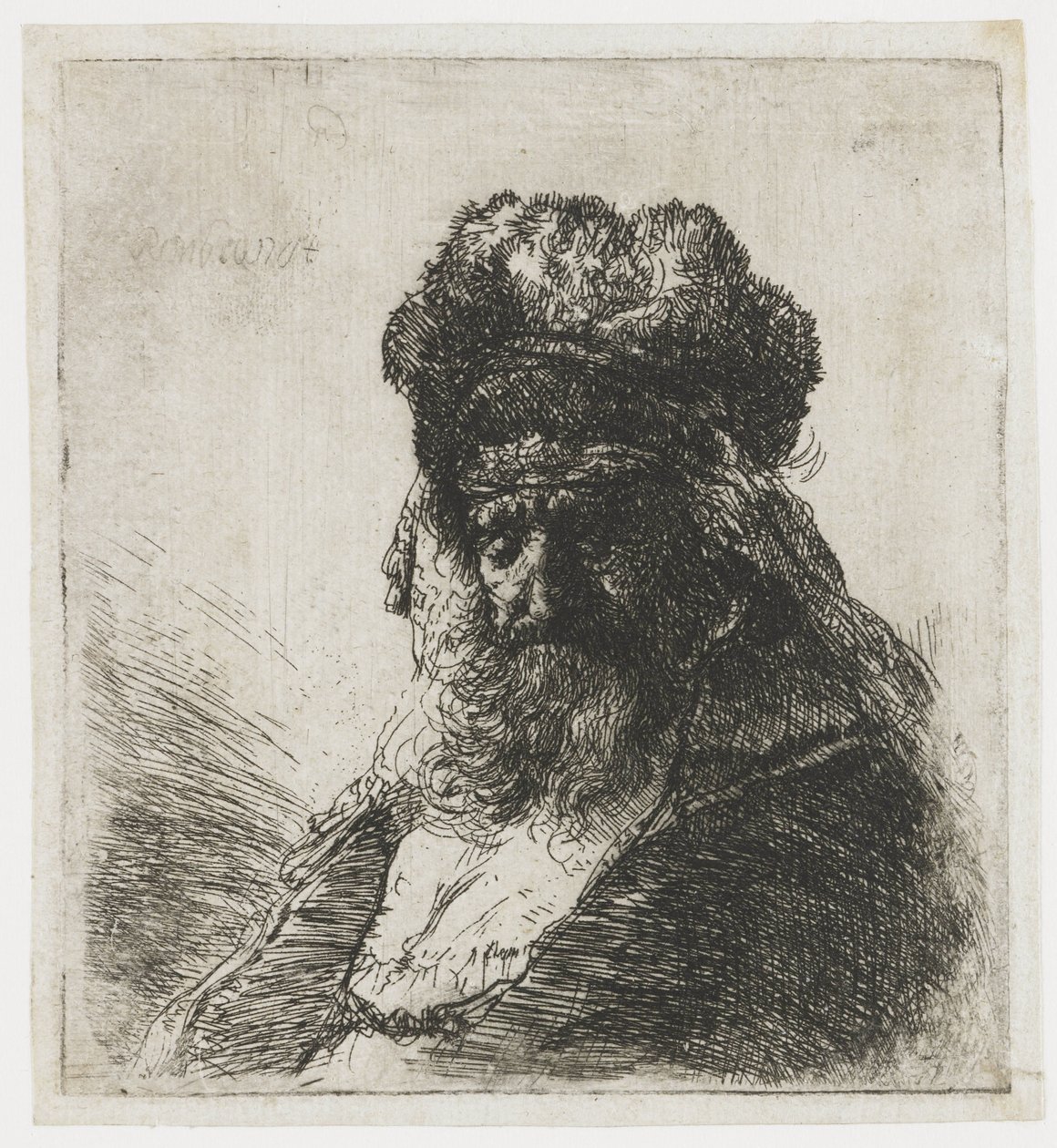 Brodaty starzec w wysokiej futrzanej czapce, z zamkniętymi oczami autorstwa Rembrandt van Rijn