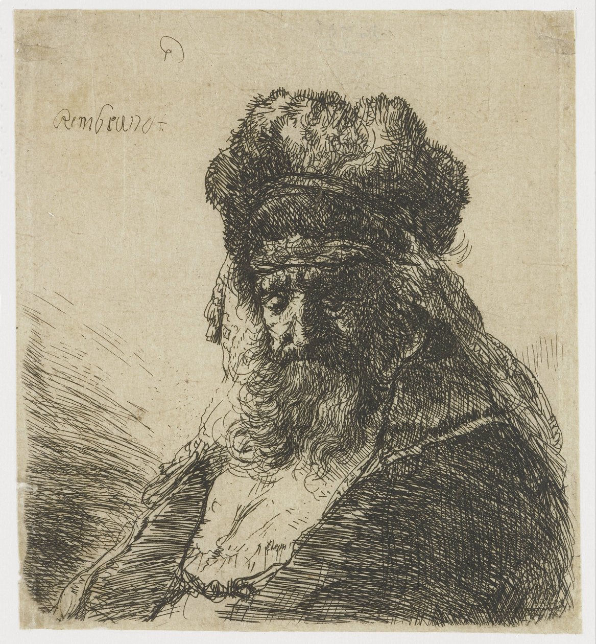 Brodaty starzec w wysokiej futrzanej czapce, z zamkniętymi oczami autorstwa Rembrandt van Rijn