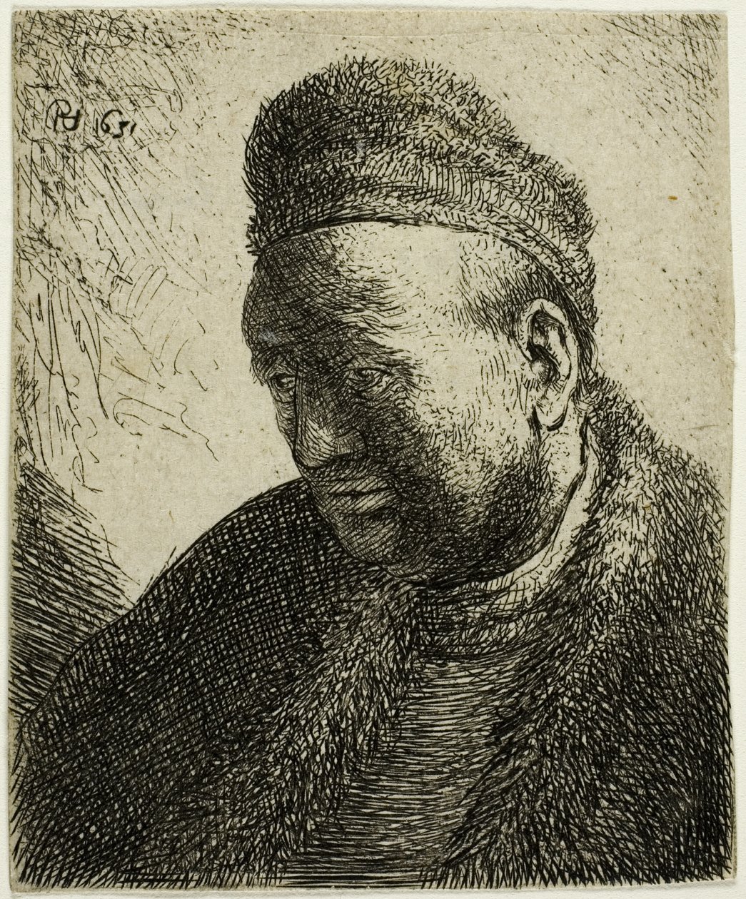 Bezbrody mężczyzna w futrzanym płaszczu i czapce: biust autorstwa Rembrandt van Rijn