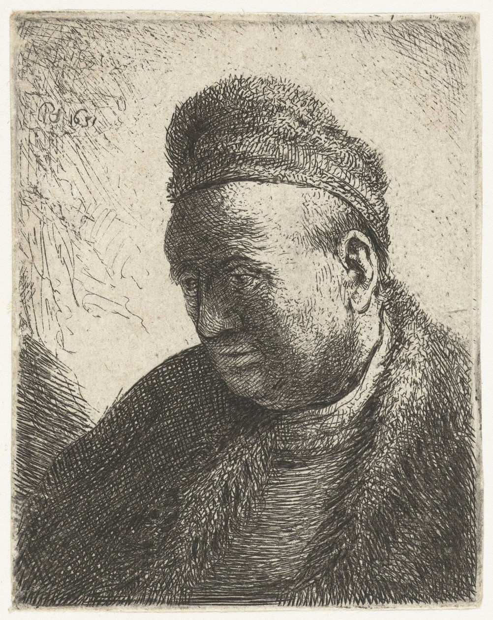 Mężczyzna bez brody w futrzanej pelerynie i czapce: biust autorstwa Rembrandt van Rijn
