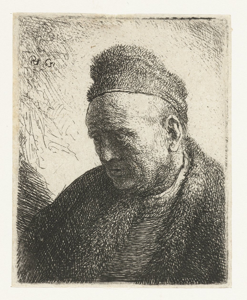 Mężczyzna bez brody w futrzanej pelerynie i czapce: biust autorstwa Rembrandt van Rijn