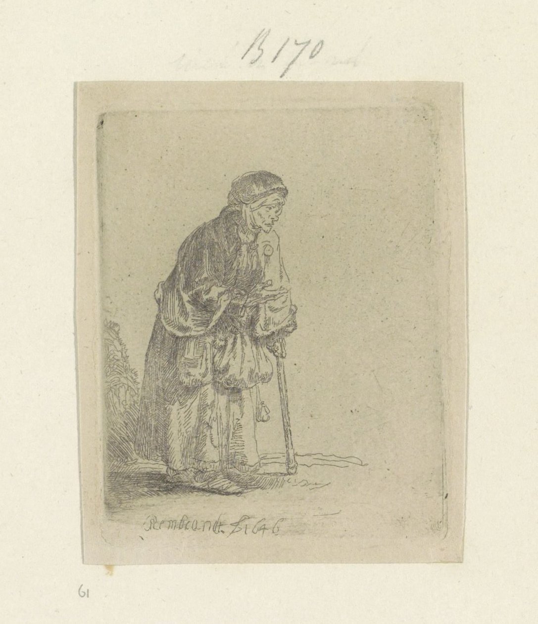 Żebraczka, wsparta na patyku, w prawo Recueil de quatre-vingt-cinq estampes originales (tytuł serii) autorstwa Rembrandt van Rijn