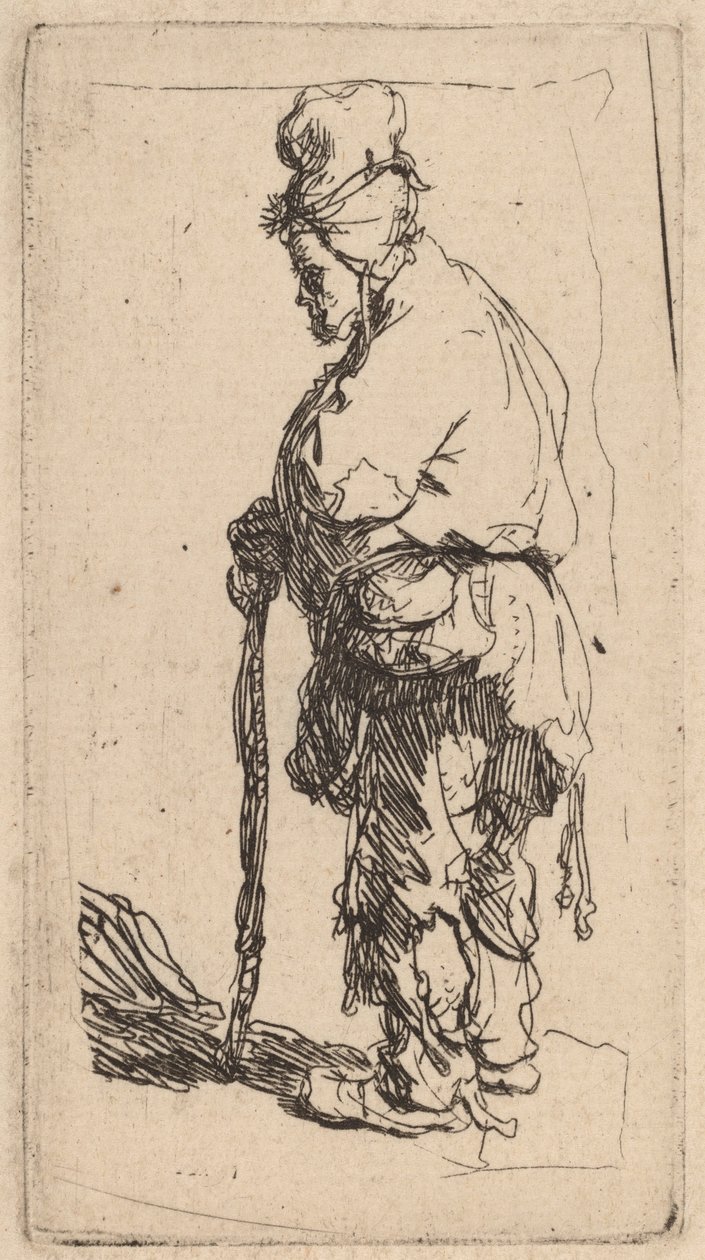 Żebrak oparty na patyku, zwrócony w lewo autorstwa Rembrandt van Rijn