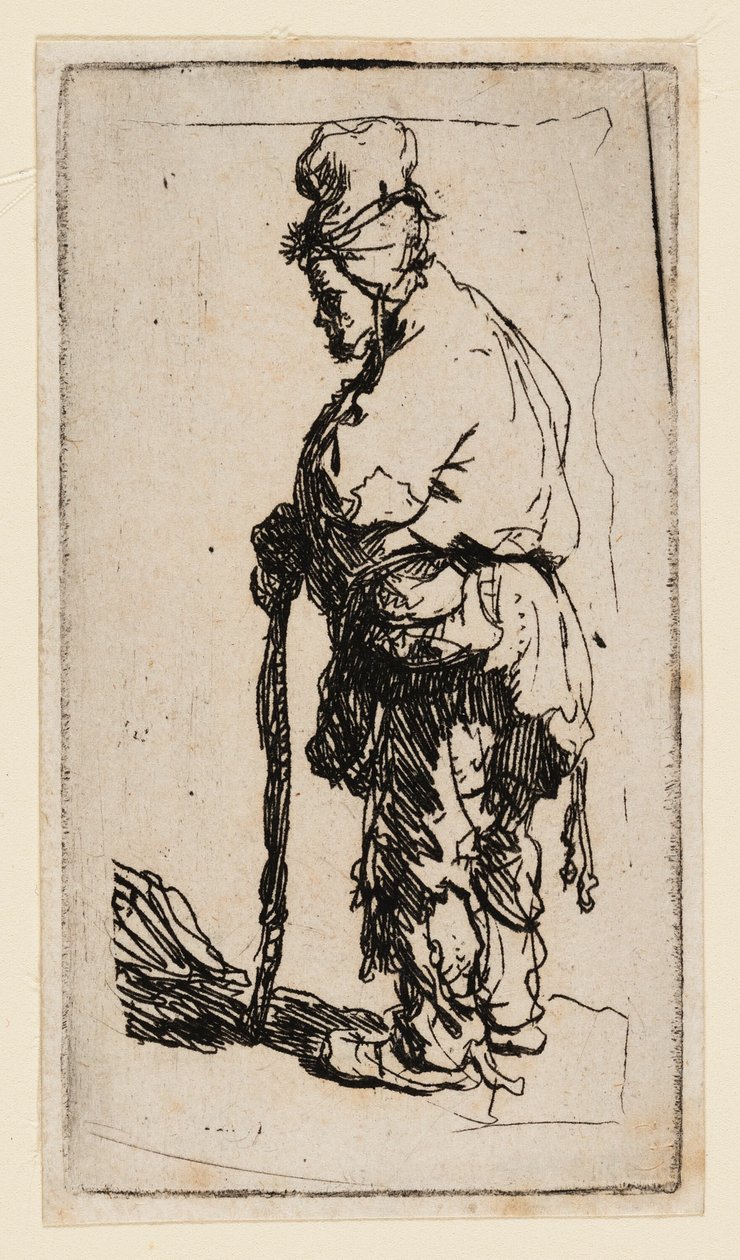 Żebrak oparty na patyku, zwrócony w lewo autorstwa Rembrandt van Rijn