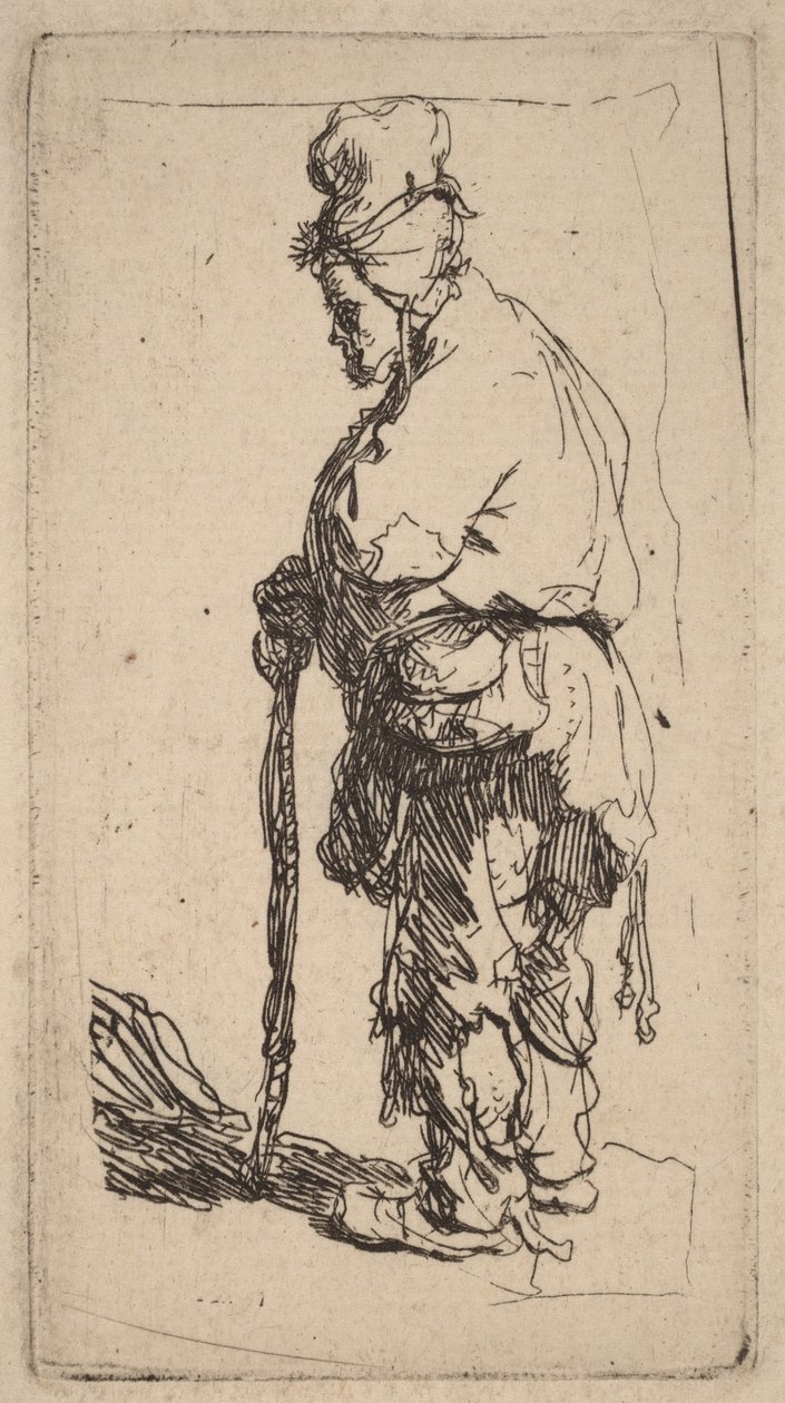 Żebrak opierający się na lasce, zwrócony w lewo autorstwa Rembrandt van Rijn
